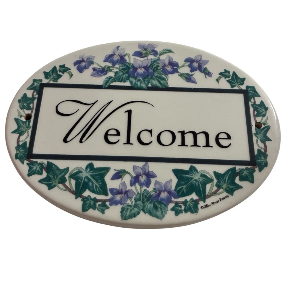Olive Street Pottery Welcome Ceramic Oval Plaque Violets Green Vine Home Decor